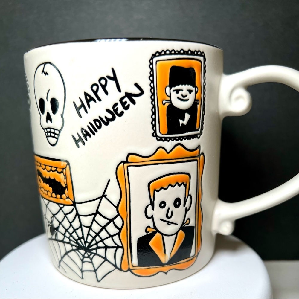 Spooky Halloween Mug with Haunted Monster Portraits Spiderweb Skull Bats